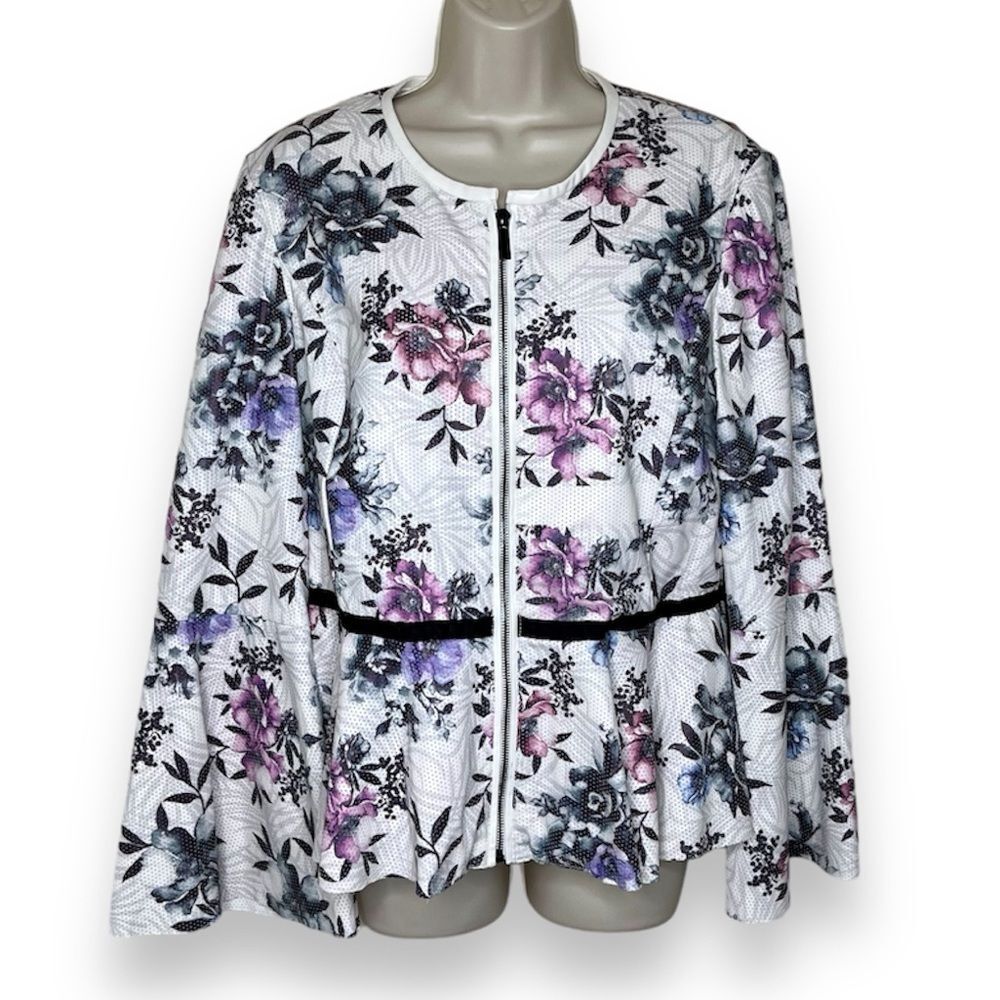 Bagatelle Floral Zip Front Bell Sleeve Peplum Ribbon Jacket Women Size Large
